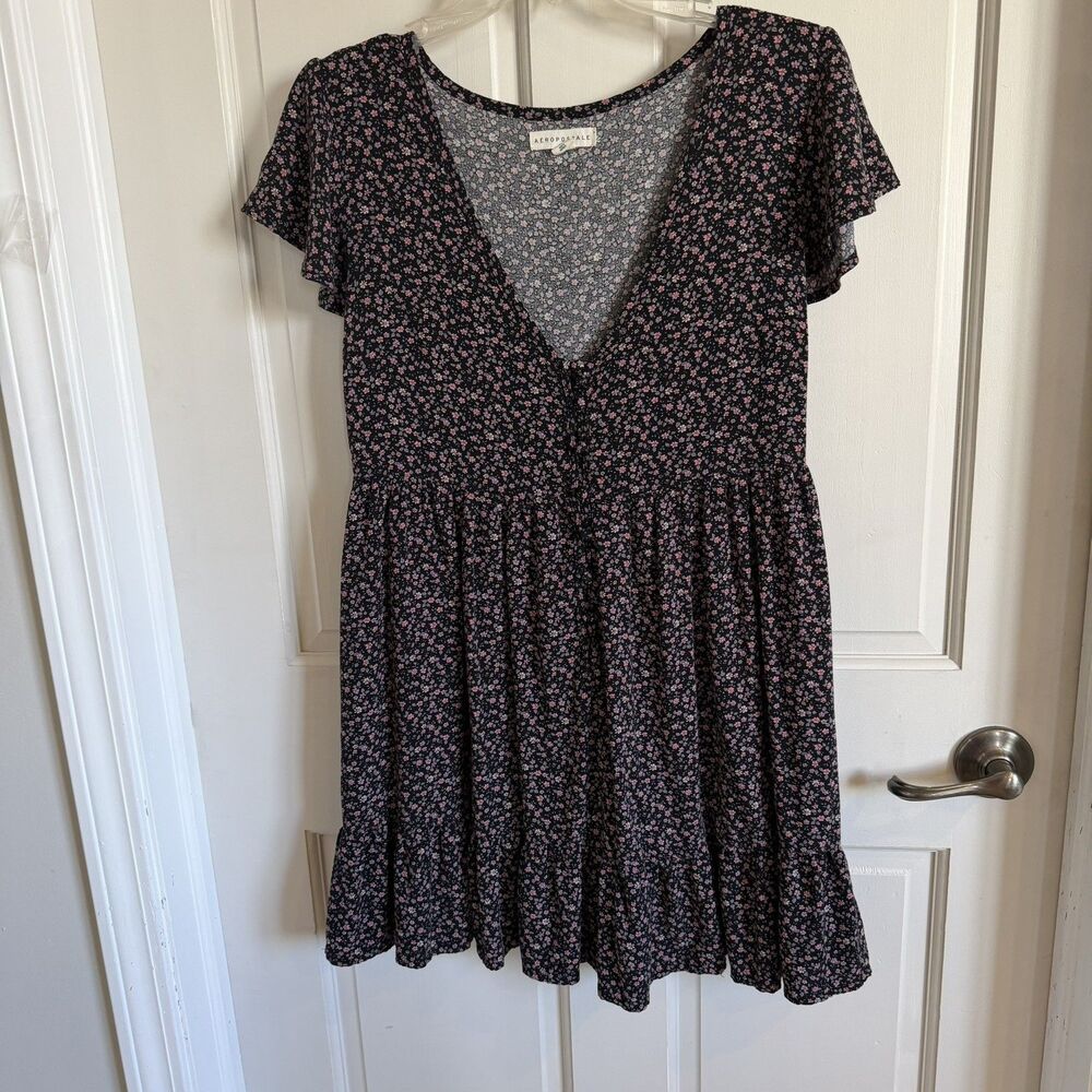 Aeropostale Women Floral V-Neck Babydoll Black Spring Summer Dress size M